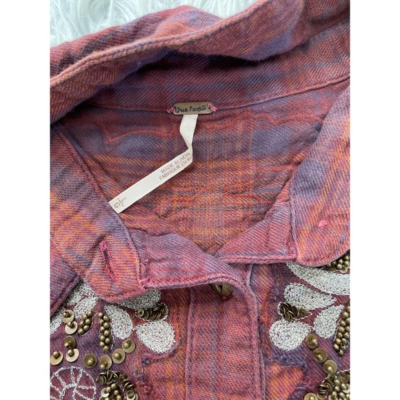 Free People Stevie's Embellished Flannel Plaid Shirt Sequin Sz L - Picture 4 of 4